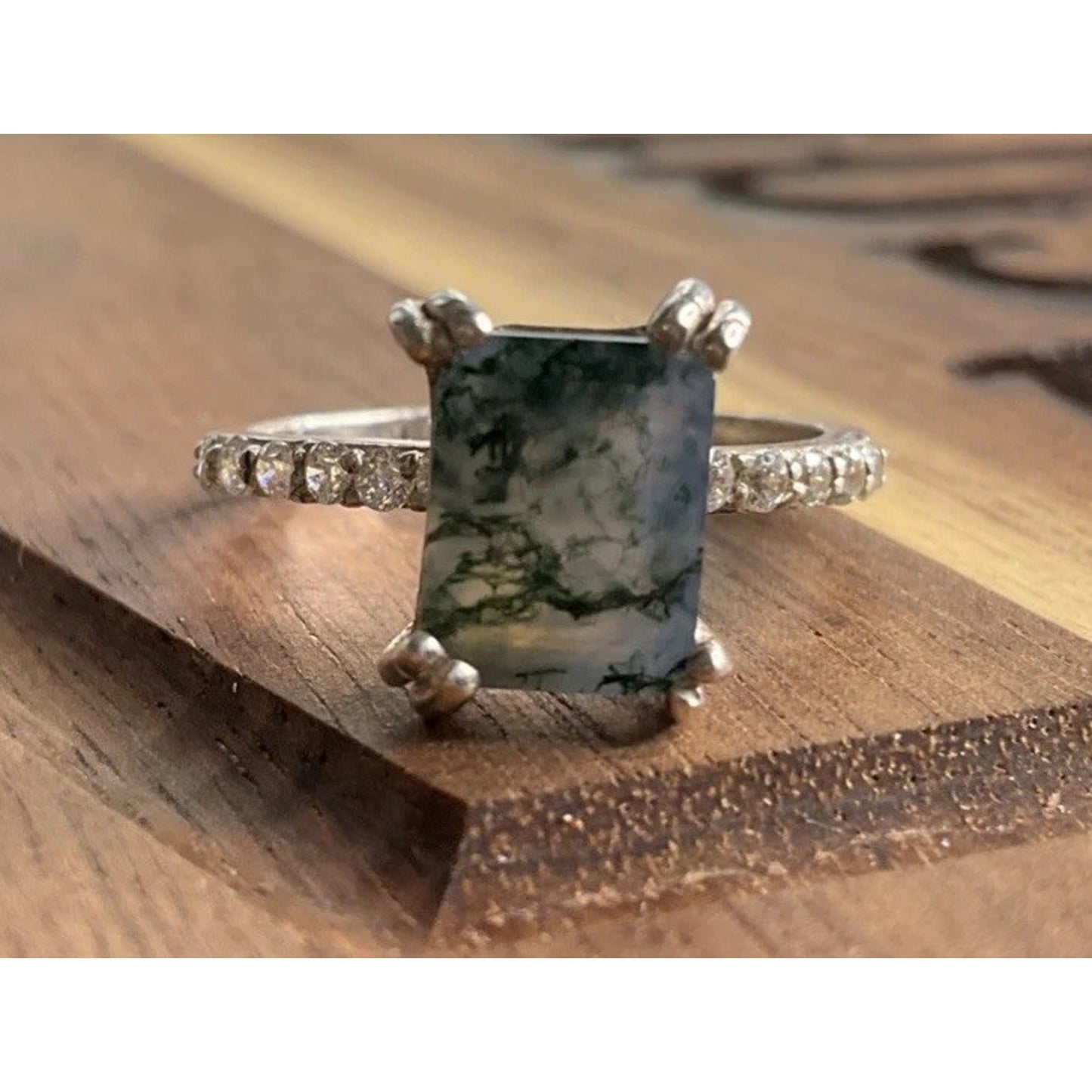 Vintage Sterling Silver Moss Agate Ring Size 8 Emerald Cut Dendritic Style 925