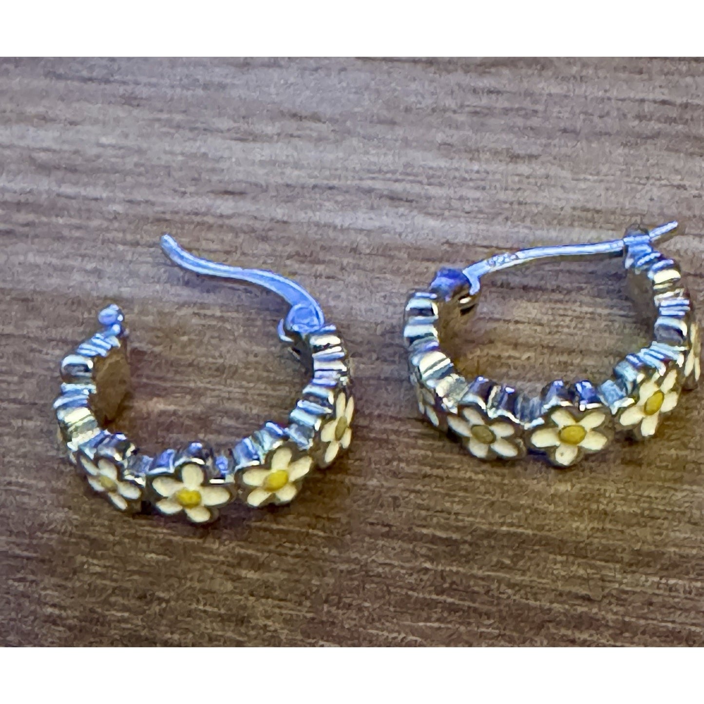 Sterling Silver 925 Enameled Sunflower Huggie Hoop Earrings