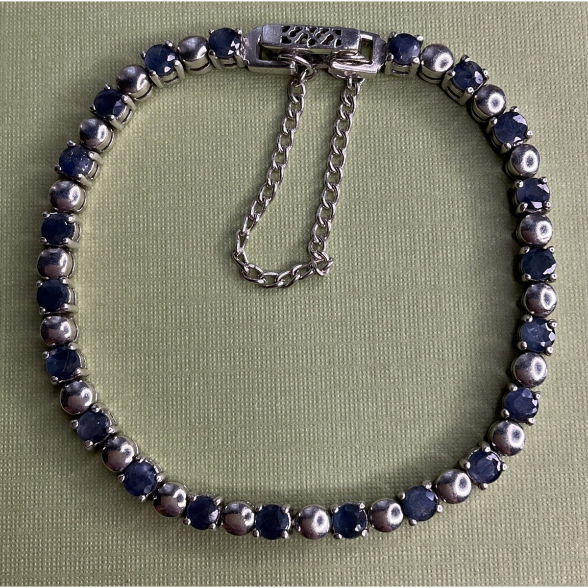 Vintage 925 Sterling Silver Blue Sapphire Tennis Bracelet 14g 7.25” Safety Chain