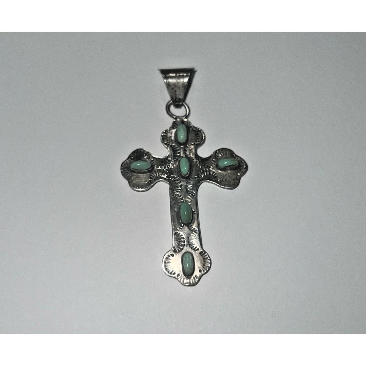 Vintage Mexican Sterling Silver Turquoise Cross Pendant 2.5 Boho Southwest Style