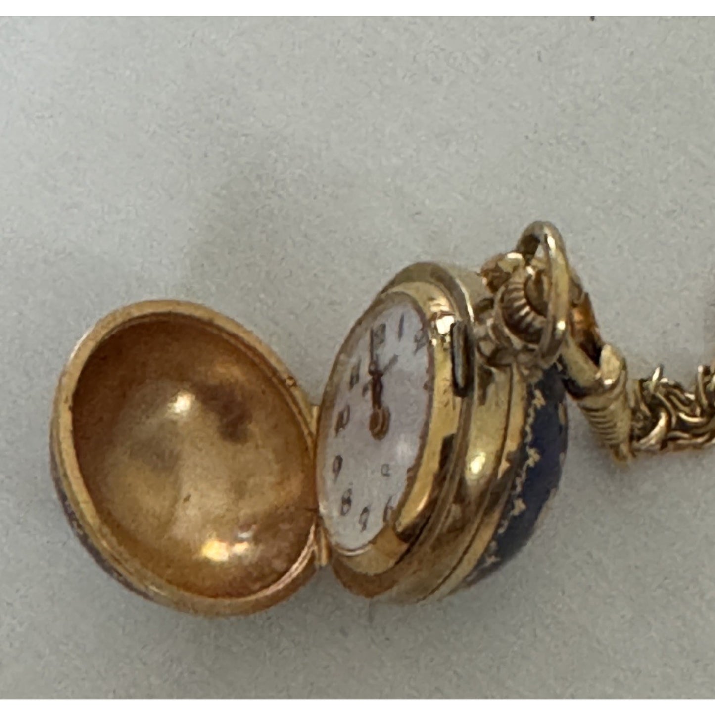 Vintage Bucherer Swiss Pendant Watch Gold Tone Necklace Blue Enamel Floral 28”