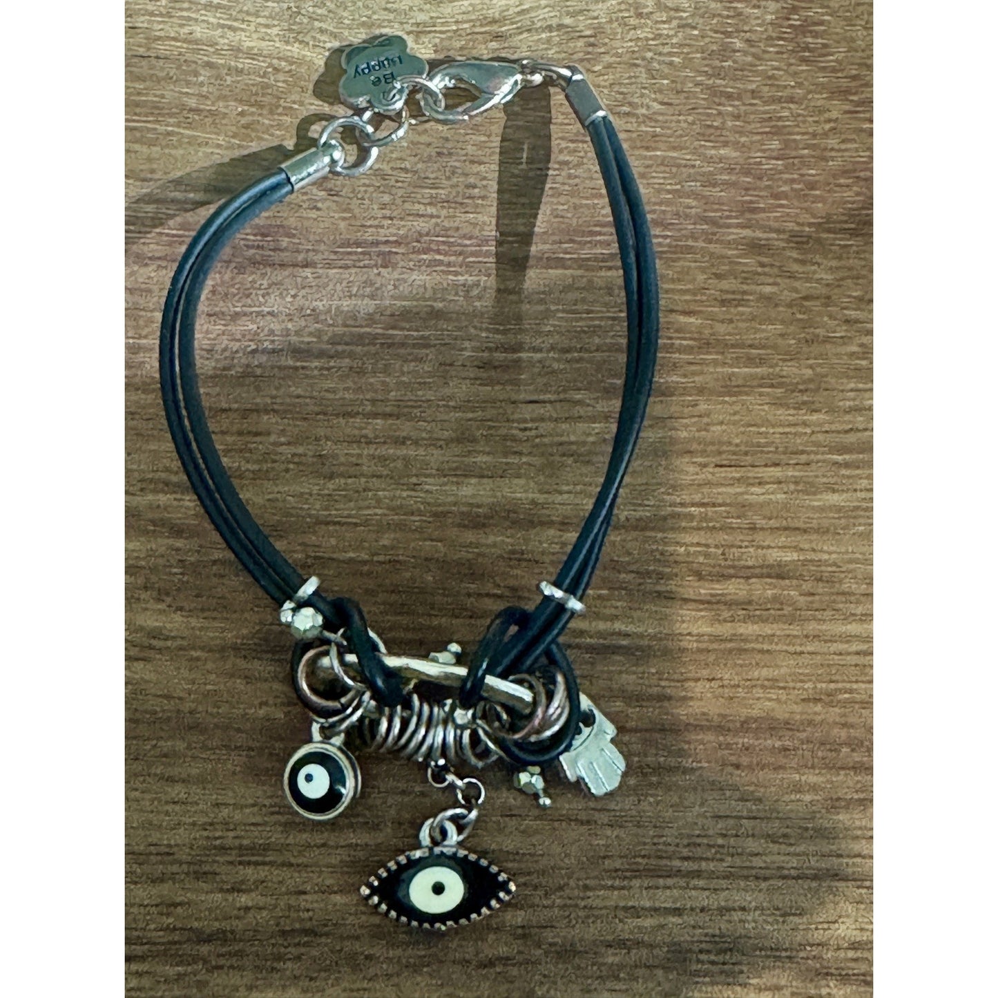 Silver Plated Black Leather Be Happy Evil Eye and Hamsa Hand Beaded Bracelet