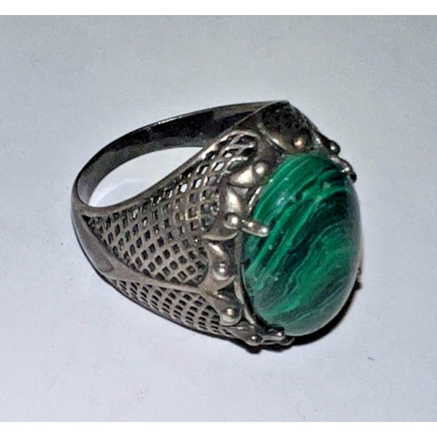 Vintage Sterling Silver Malachite Ring – Size 10.5 – Green Oval Stone – 8g