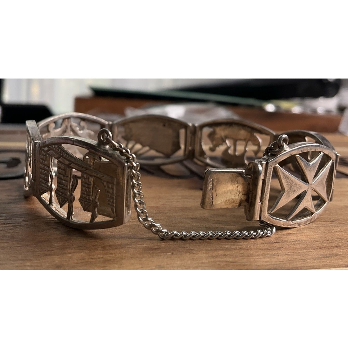 Vintage Sterling Silver Panel Bracelet Scenic Deer Floral Links