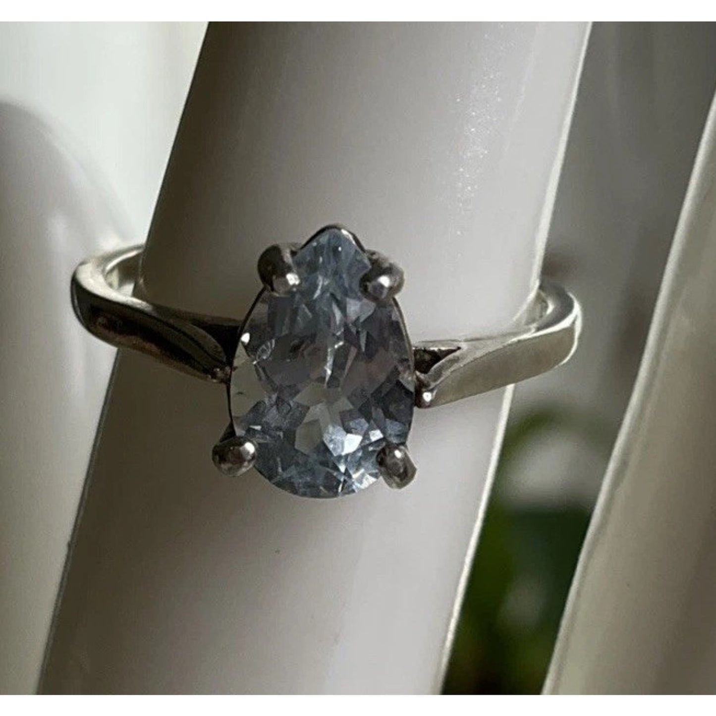 Minimalist Sterling Silver Blue Topaz Pear Shape Solitaire Ring 925 Size 6.5
