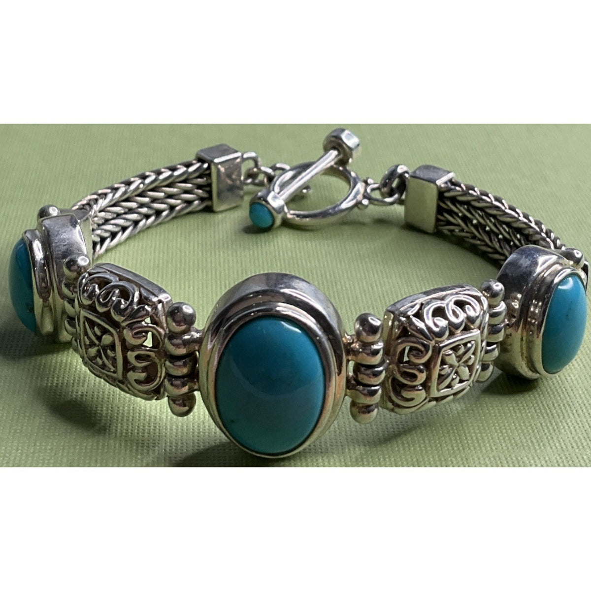Vintage 925 Sterling Silver Turquoise Bracelet Ornate Filigree Woven Chain 30gr