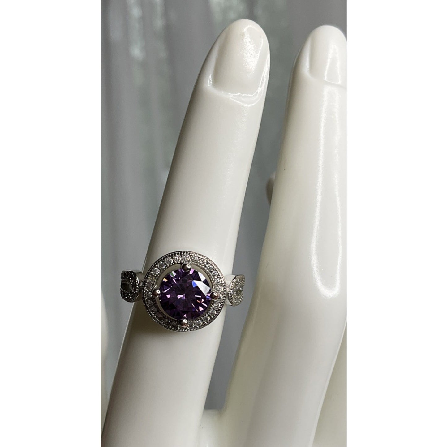 Sterling Silver Purple Halo Ring S925 Vintage Style CZ Size 6.5