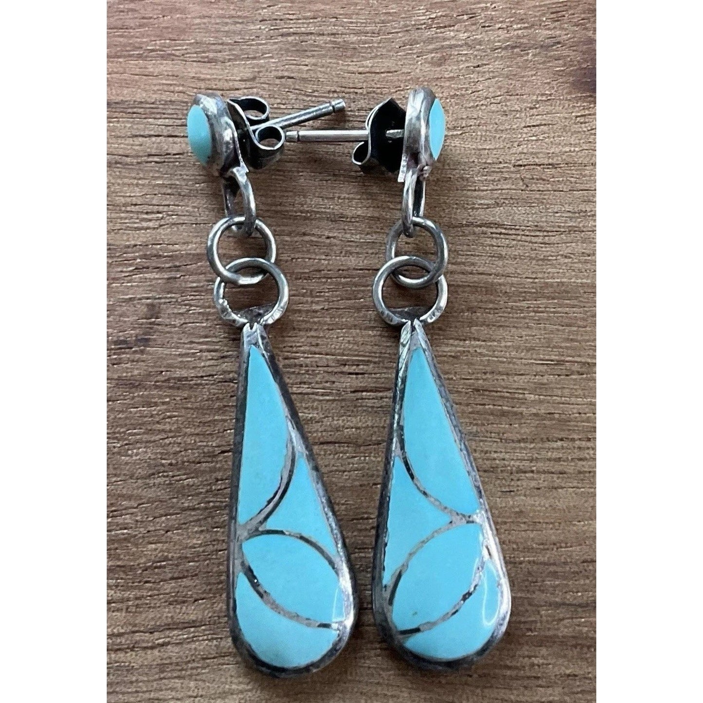 Sterling Silver Turquoise Inlay Dangle Earrings Teardrop Southwestern Style 4.3g