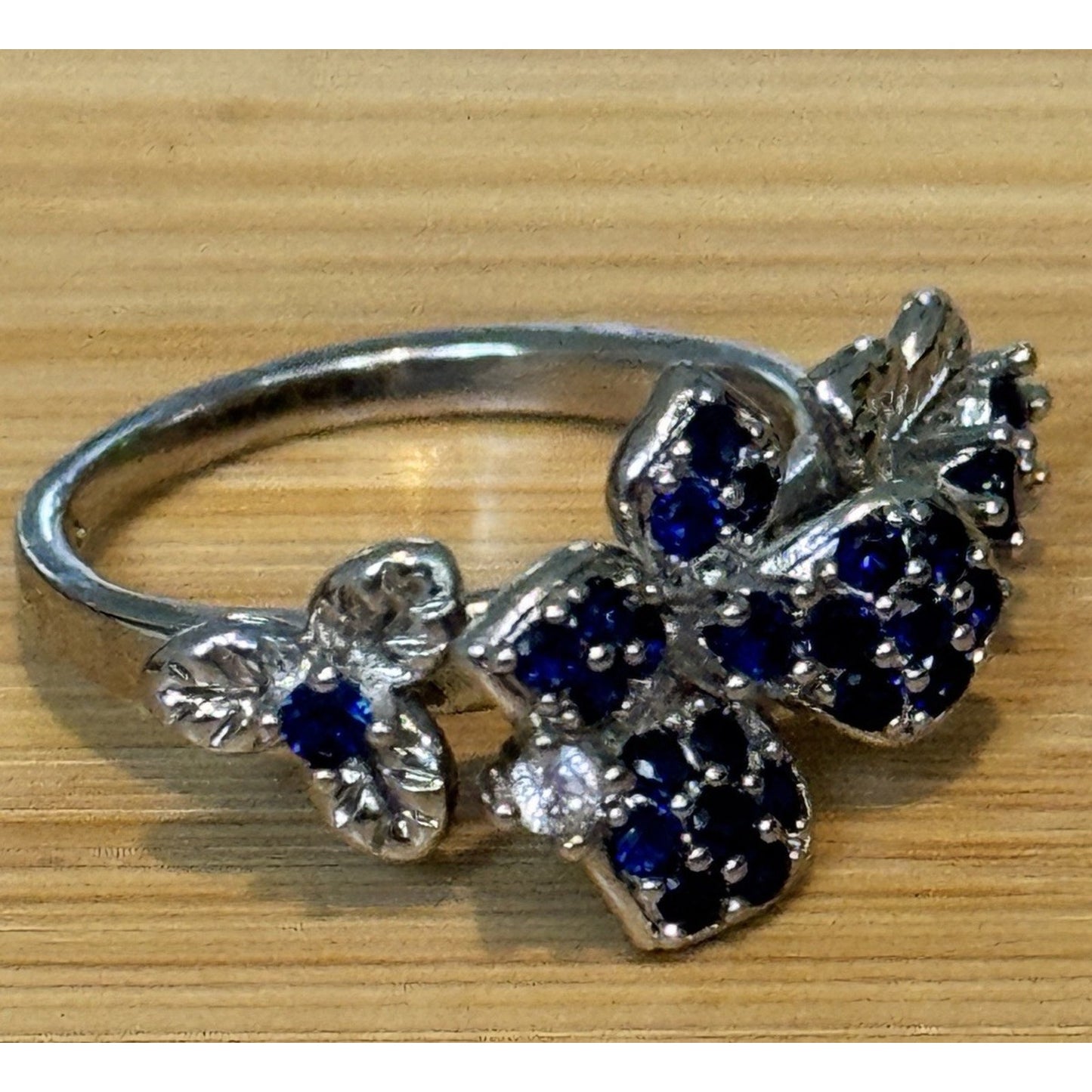Sterling Silver Blue Sapphire Flower Ring Diamond Accent Floral Cluster Size 6.5