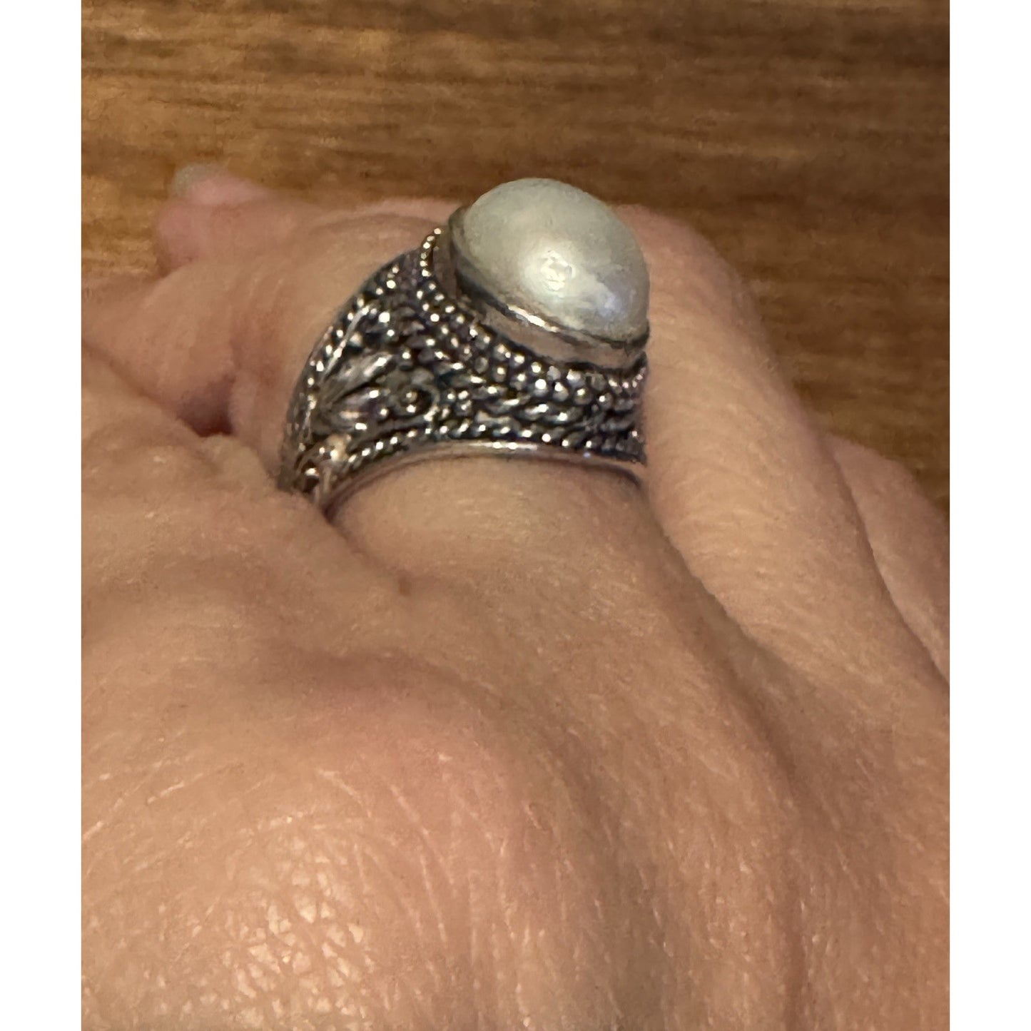 Sterling Silver CFJ Thailand Ornate Filigree Ring with Genuine Pearl Size 5