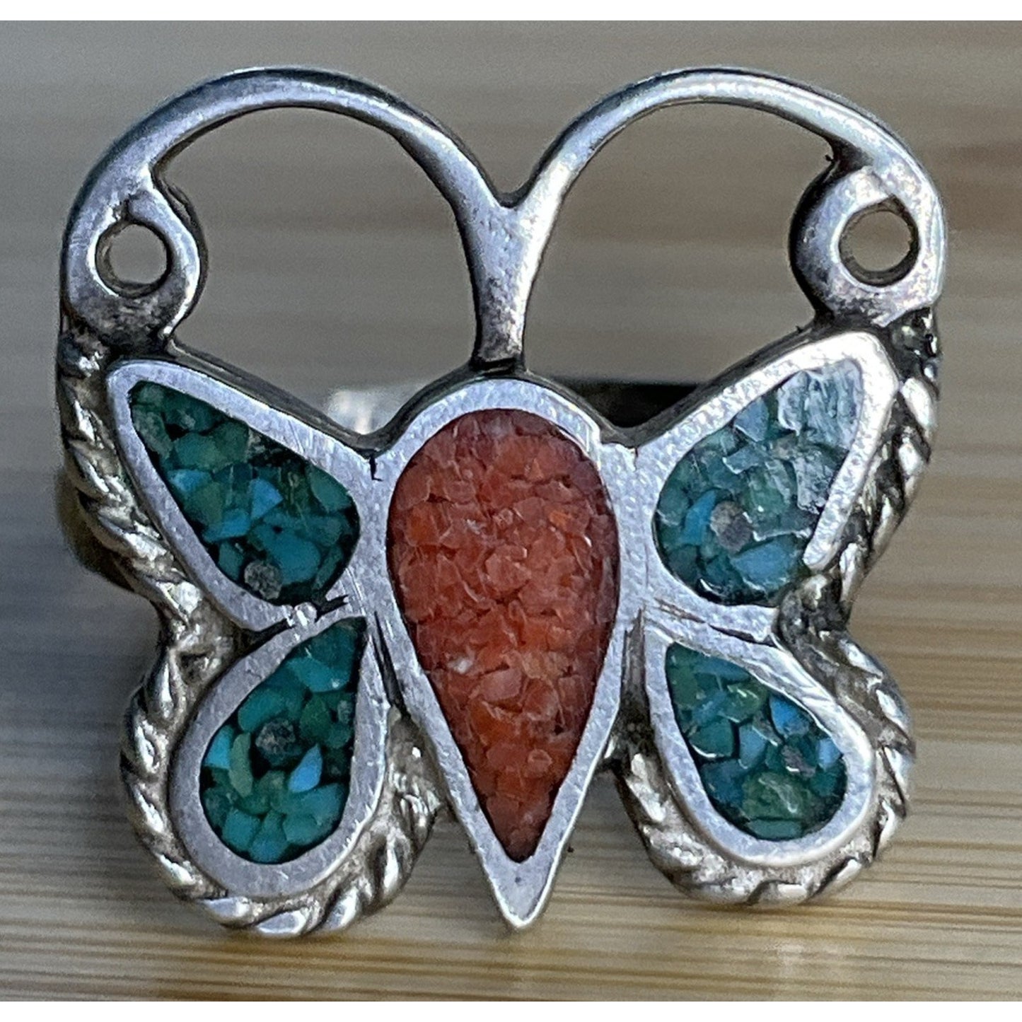 Vintage Sterling Silver Crushed Turquoise Native American Butterfly Ring Sz 5.5