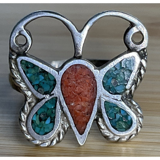 Vintage Sterling Silver Crushed Turquoise Native American Butterfly Ring Sz 5.5