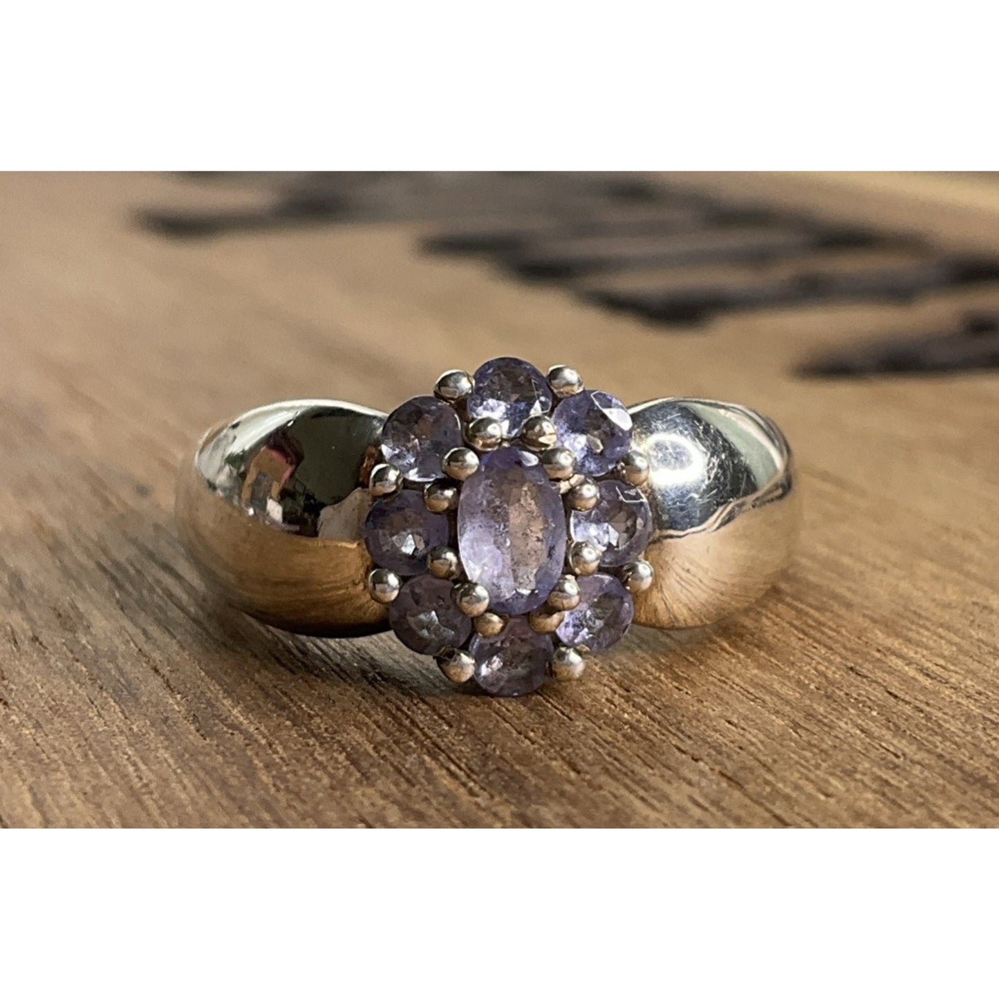 Sterling Silver Amethyst Cluster Wide Band Ring Size 7.5 Purple February Stone