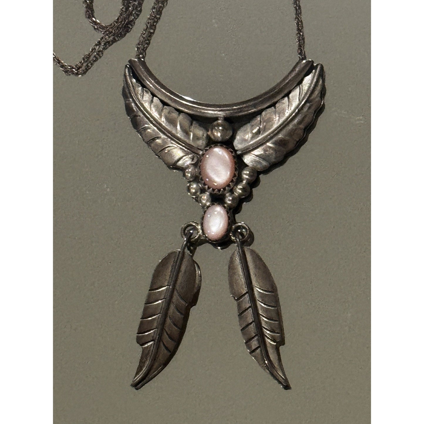 Vintage Navajo Sterling Silver Pink Conch Dangle Feather Necklace Signed S Cline