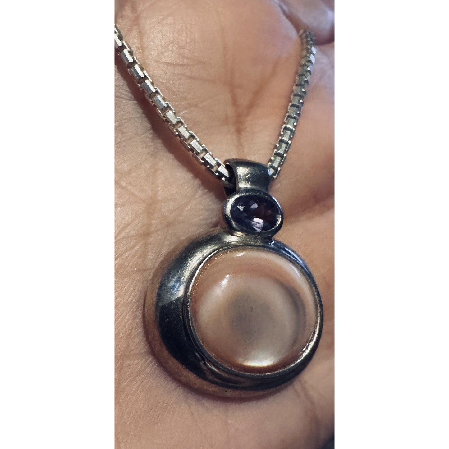 Vintage 925 Amethyst Mother Pearl With Necklace 7g FAS Italy Mirror Box Chain 16