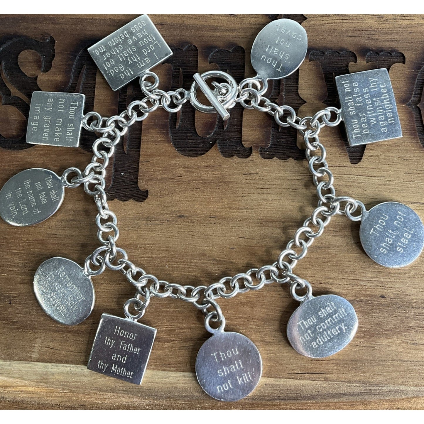 Vintage Sterling Silver Ten Commandments Charm Bracelet Religious 61g