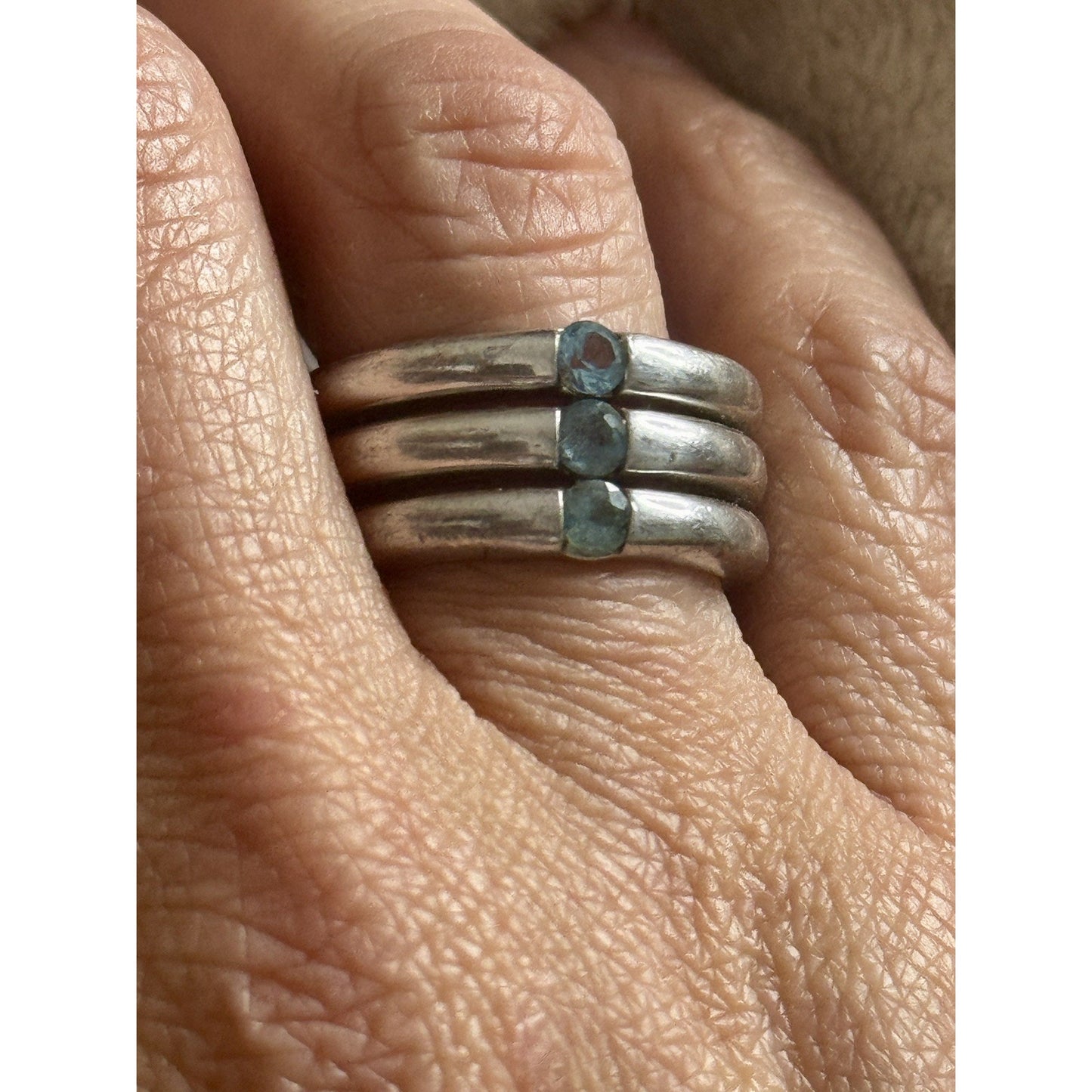 Vintage Sterling Silver Aquamarine Ring 3 Stone Artisan Size 7.5 10.7g