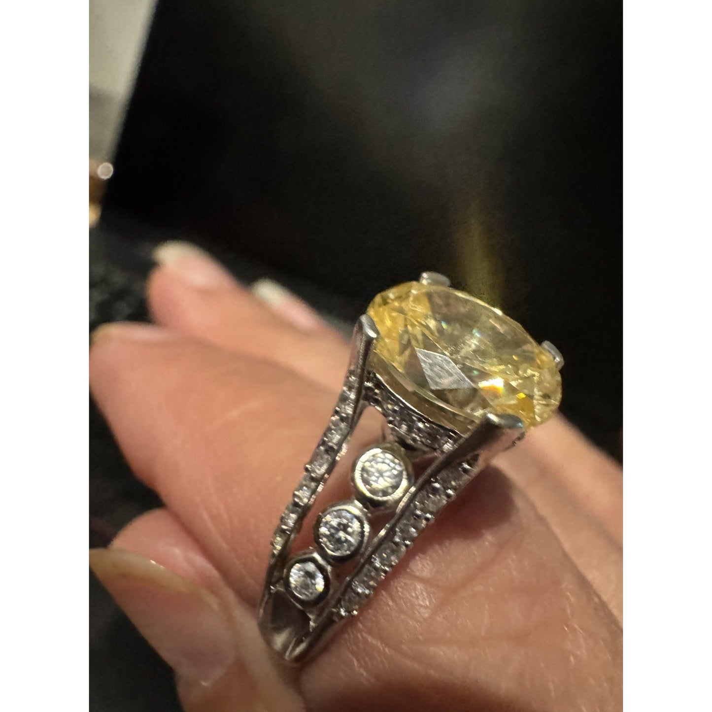 Vintage 925 JS Sterling Silver Yellow Quartz Gemstone Statement Ring Size 7.5