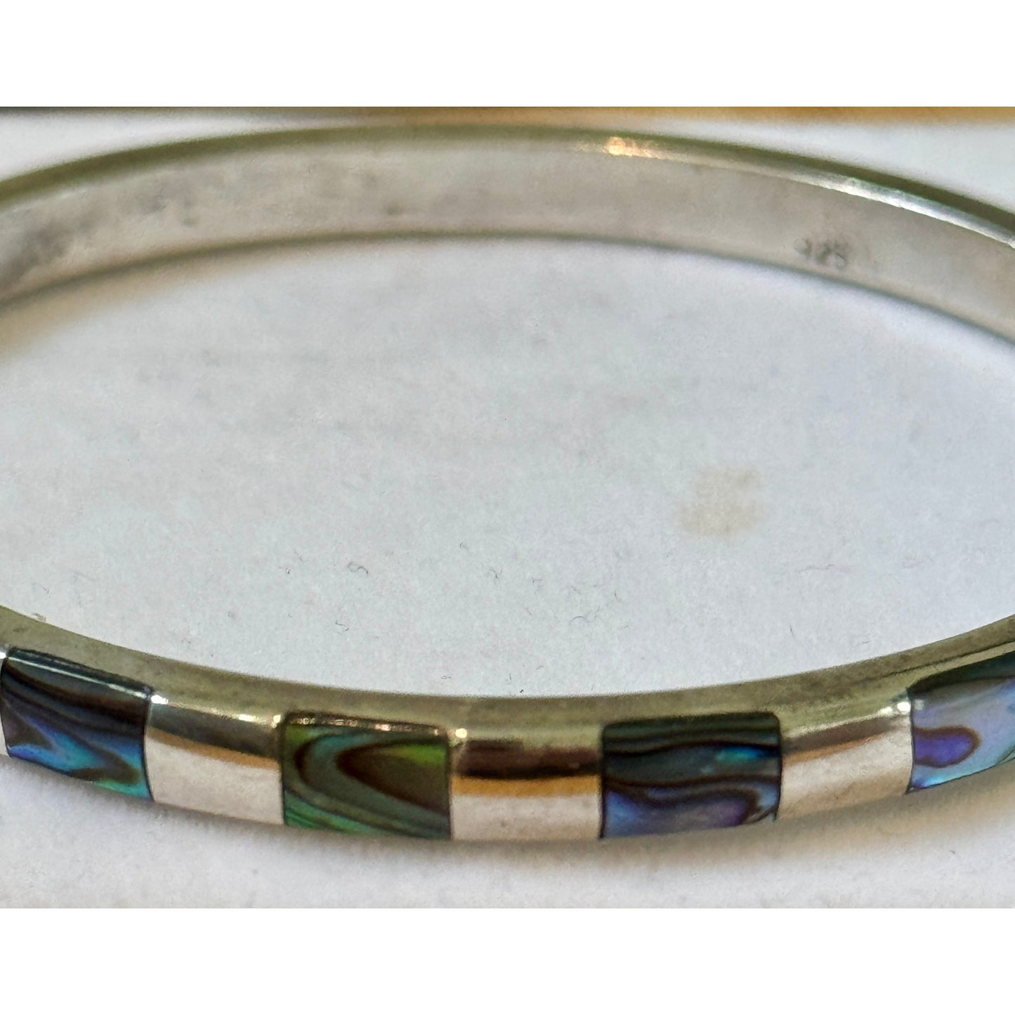 Vintage 925 Sterling Silver southwestern Abalone Inlay Hinged Bangle Bracelet