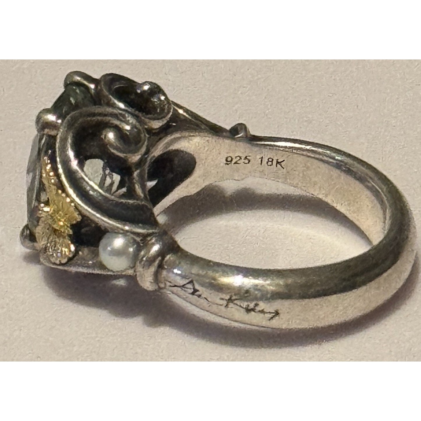 Vintage Ann King 925 18K Green Amethyst Prasiolite Pearl Butterfly Ring Sz 8.5