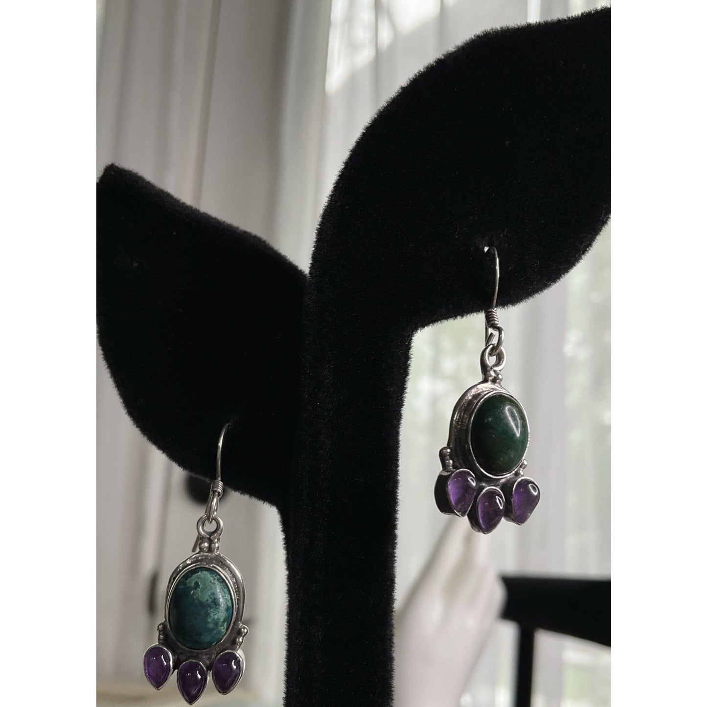 Sterling Silver Chrysocolla Amethyst Purple Dangle Earrings Boho 925