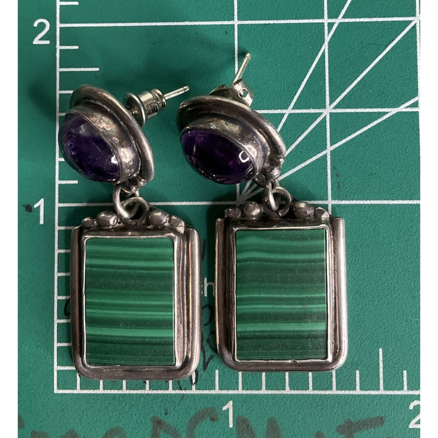 Vintage Roie Jaque Navajo Native American 925 Sterling Malachite Dangle Earrings