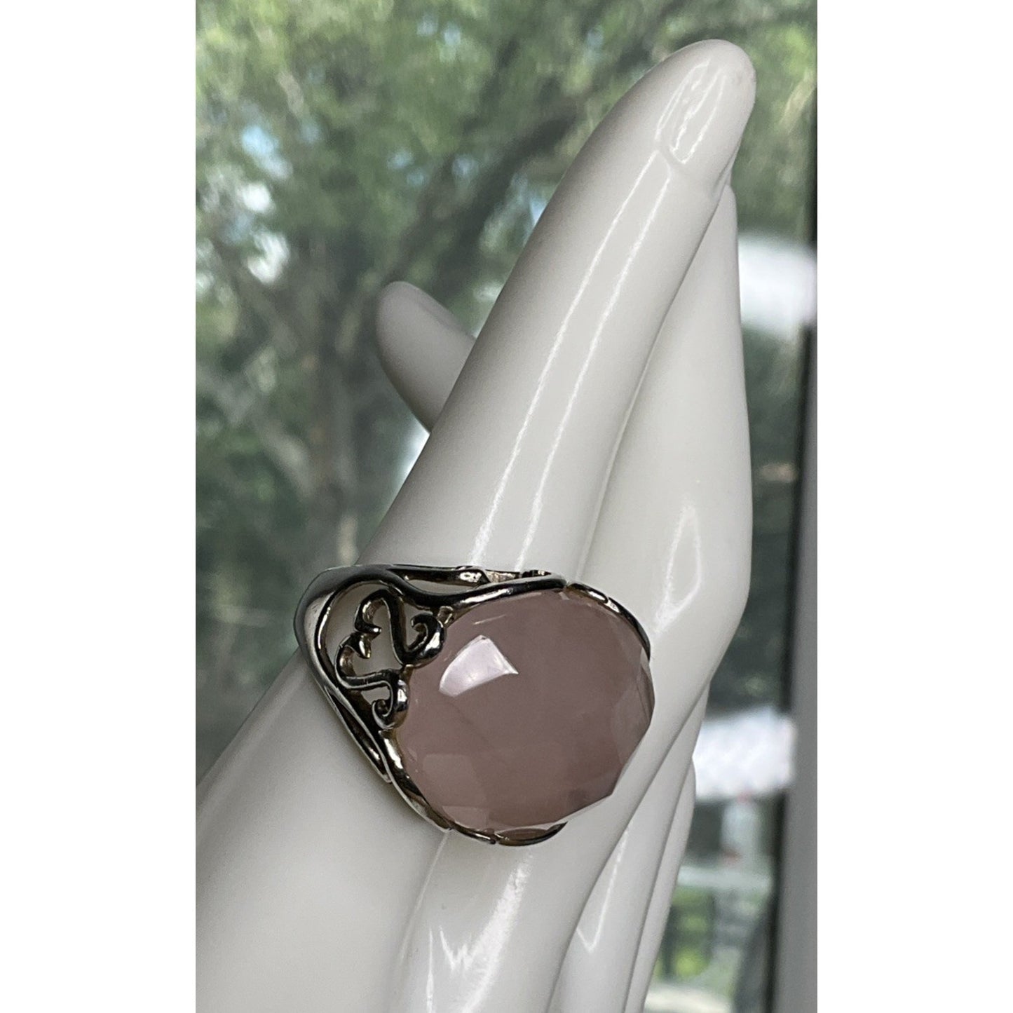 Vintage Sterling Silver Pink Faceted Rose Quartz Statement Ring Size 8.5