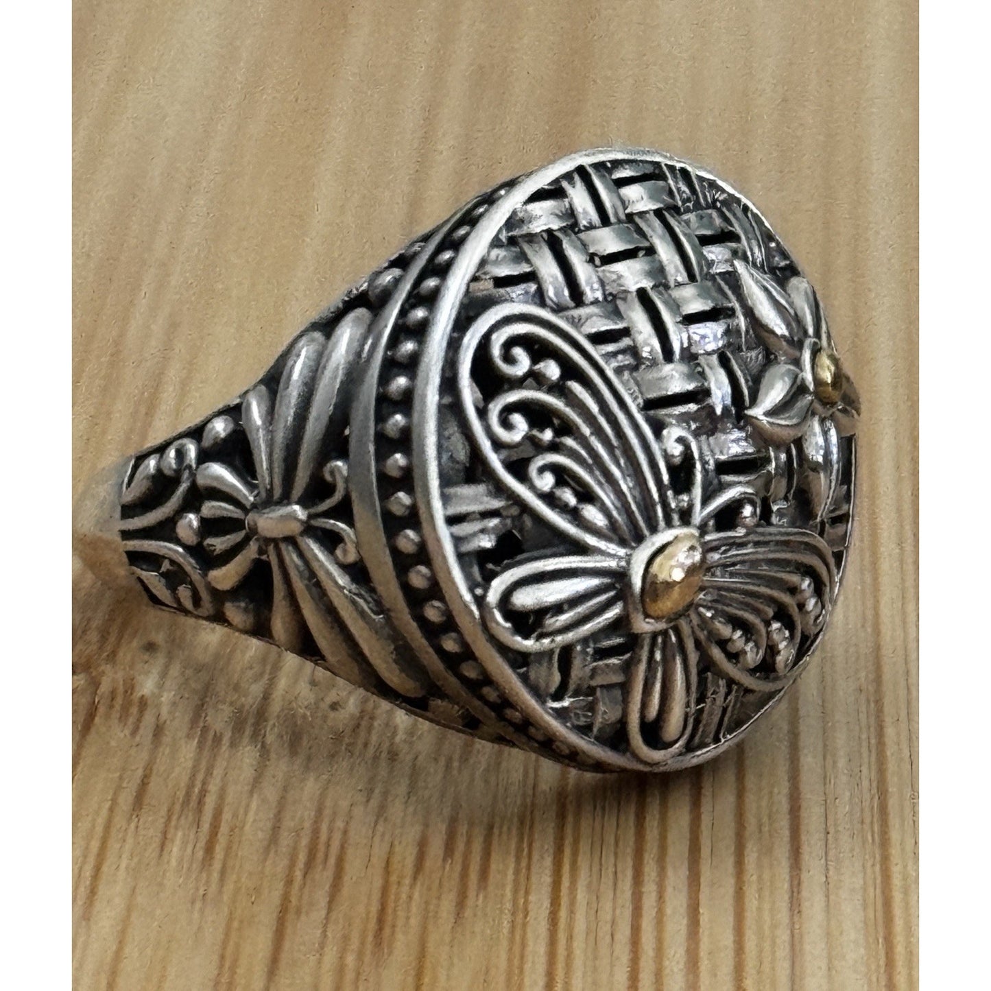 Robert Manse M ID 925 Sterling and 18K Gold Dragonfly Flower Sz 8.5 Bali 7g