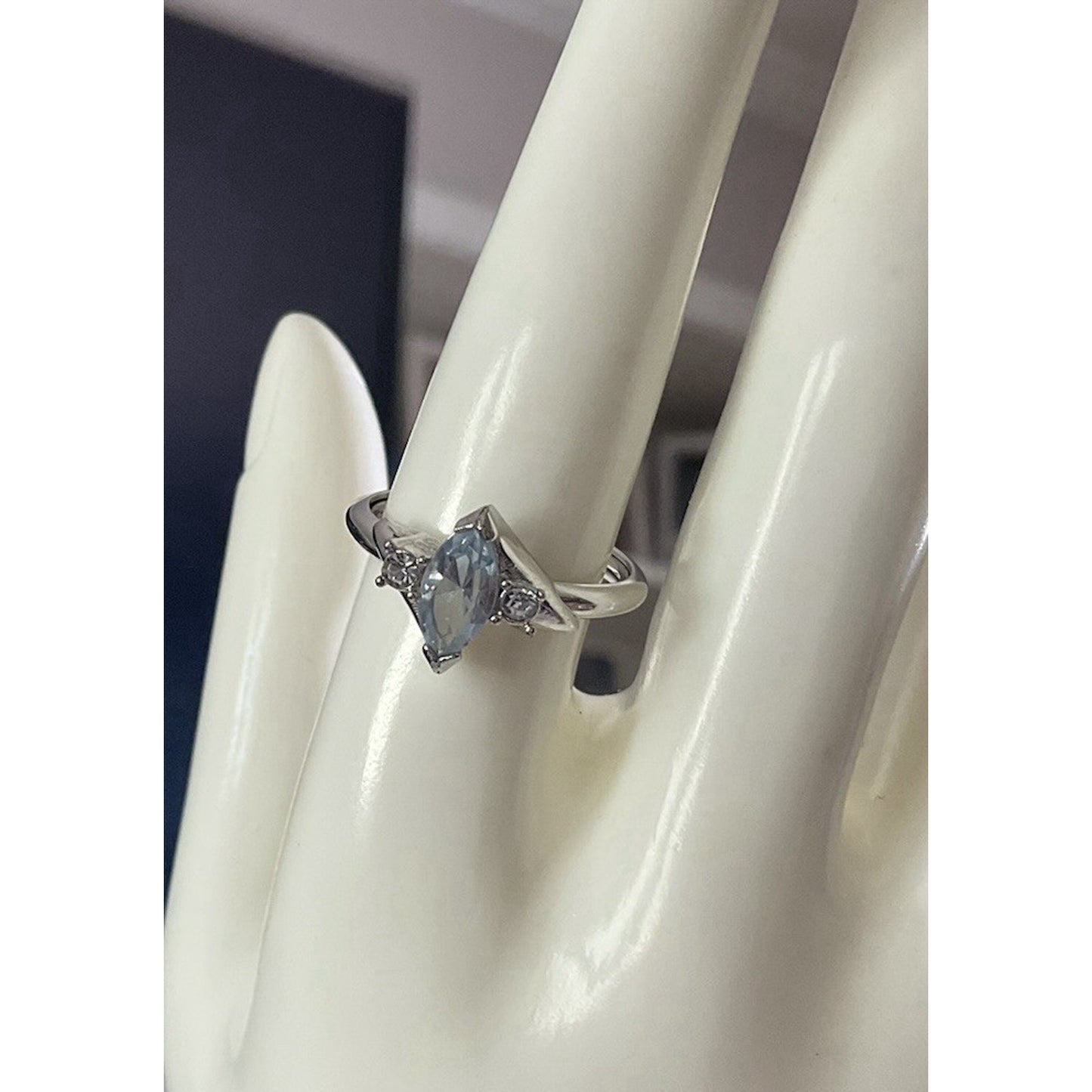Vintage Sterling Silver 925 Blue Topaz Marquise Ring w CZ Accents Size 8.5