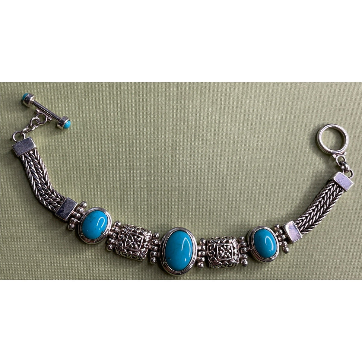 Vintage 925 Sterling Silver Turquoise Bracelet Ornate Filigree Woven Chain 30gr