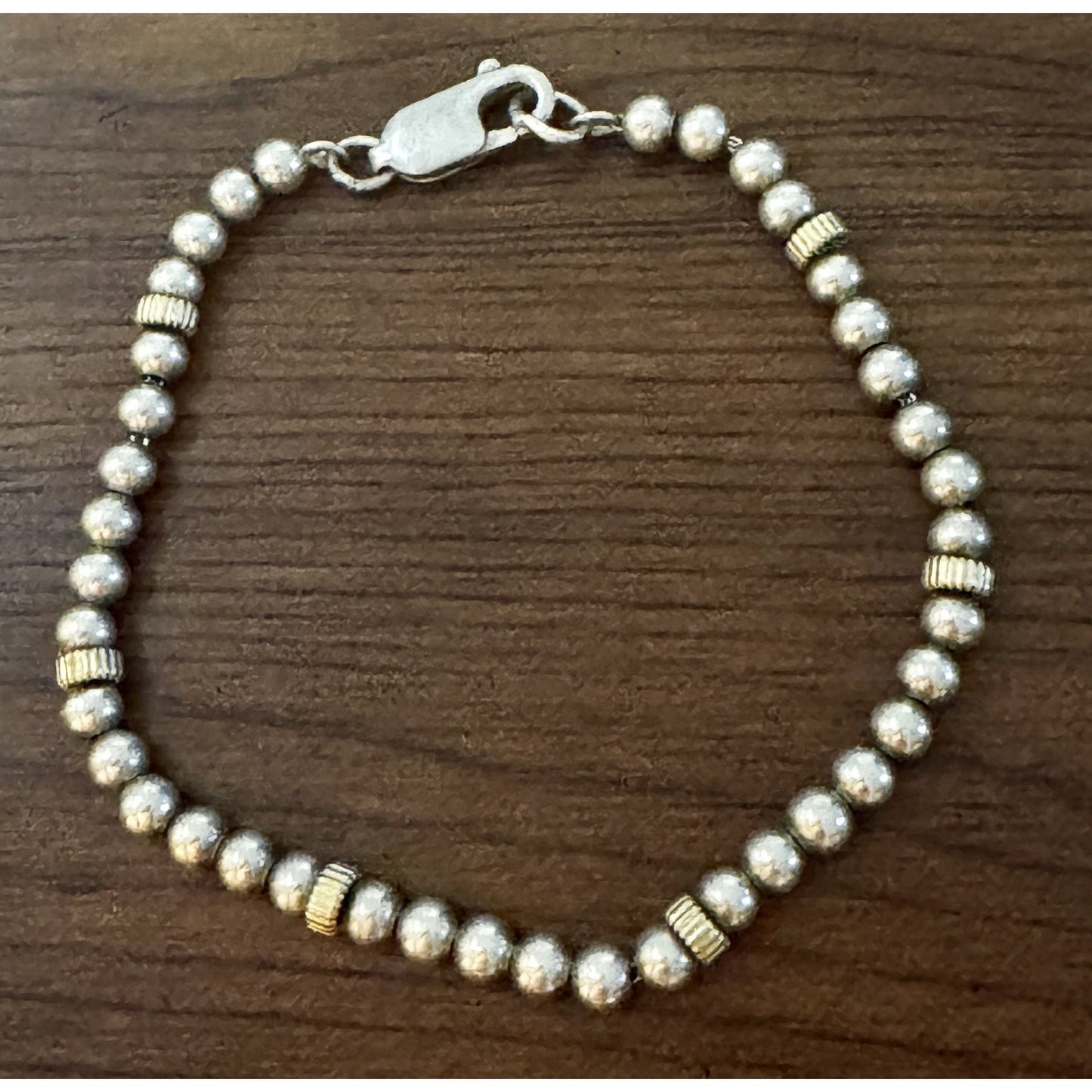 Sterling Silver 925 Vintage Beaded Stacking Bracelet 925 Gold Tone Spacers 7”
