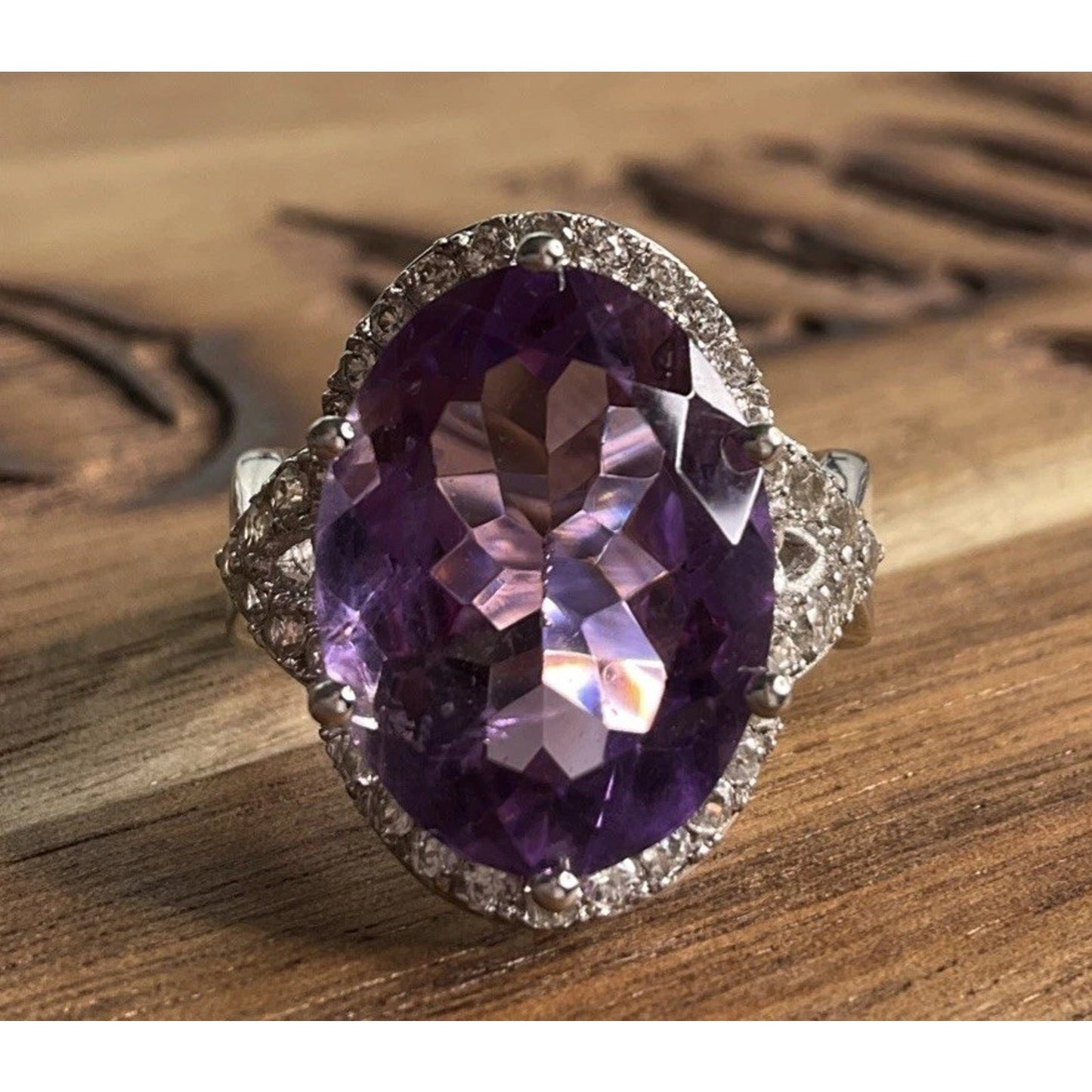 Sterling Silver Amethyst Halo Ring 925 Purple Stone Cocktail Statement Ring 7.5