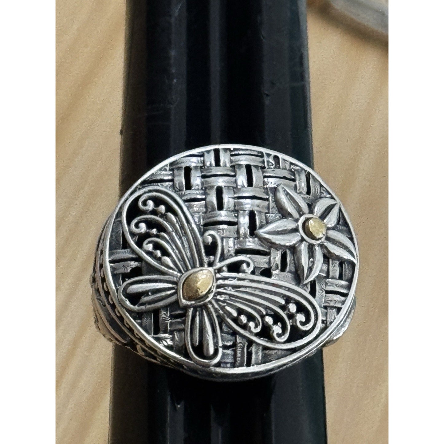 Robert Manse M ID 925 Sterling and 18K Gold Dragonfly Flower Sz 8.5 Bali 7g
