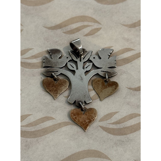 James Avery Retired Silver Tree Two Doves Dangling Hearts 14K Bonded Pendant Pre-Owned
