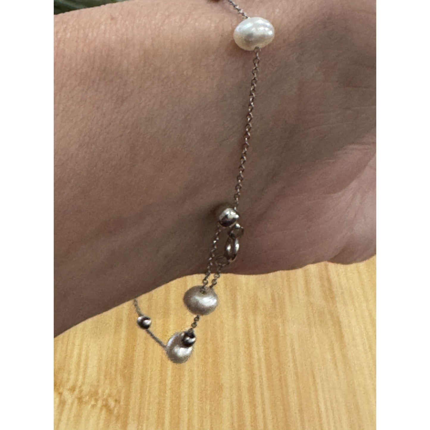 Vintage Sterling Silver Freshwater Pearl & Silver Bead Station Slider Bracelet