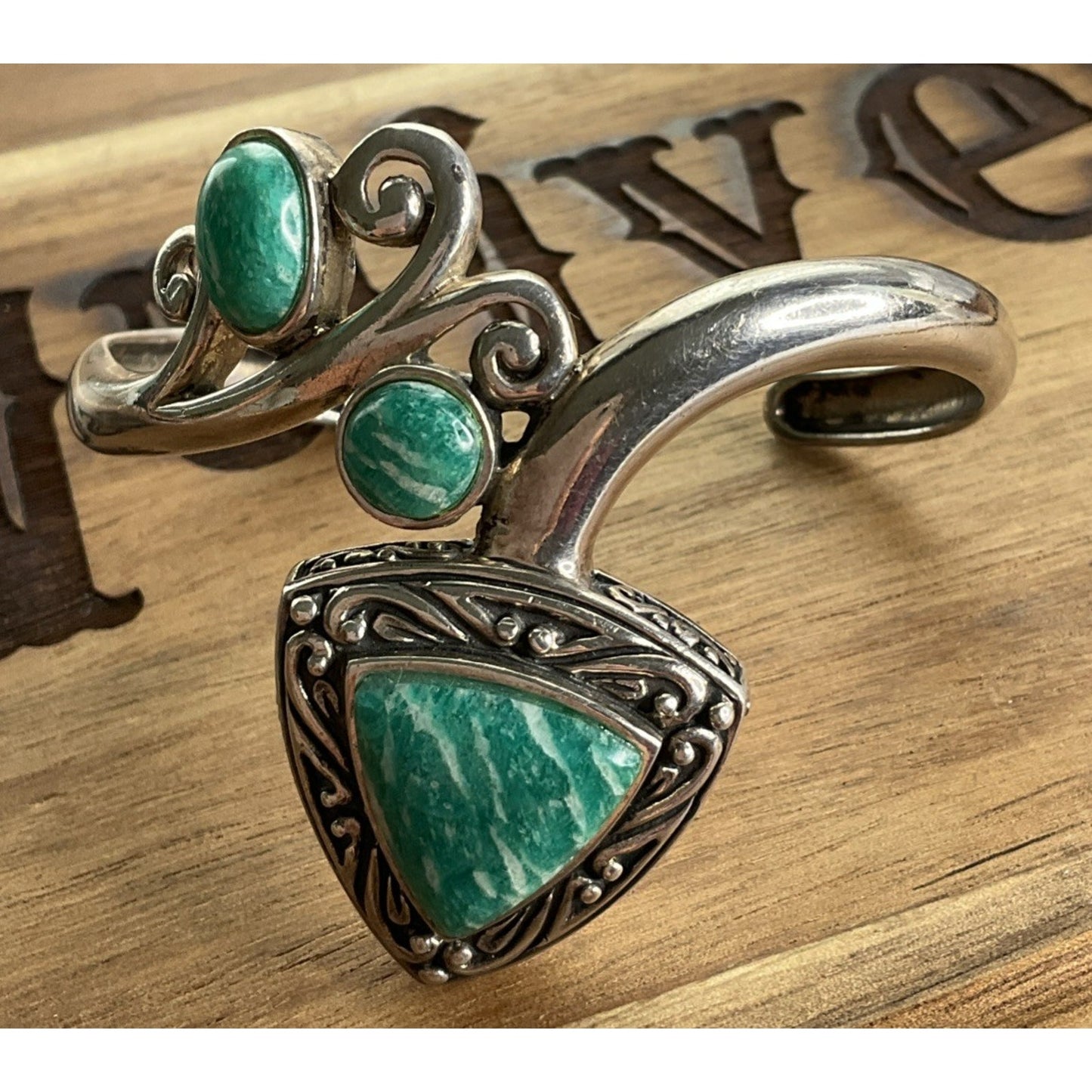 Vintage Sterling Southwestern Silver Signed NK Amazonite Cuff Bracelet 37 Grams!