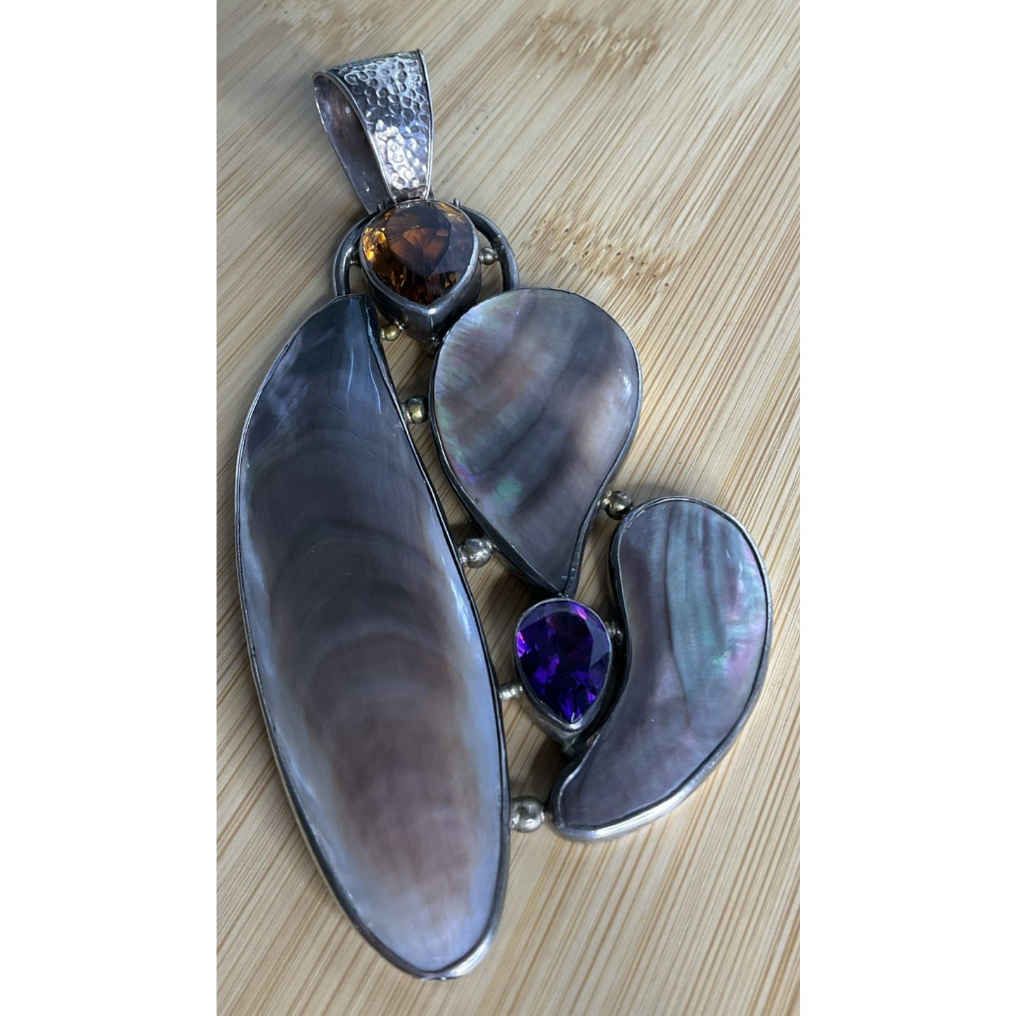 Large Artisan Mother of Pearl Amethyst Citrine Statement Pendant 55g 5” X 2.5”