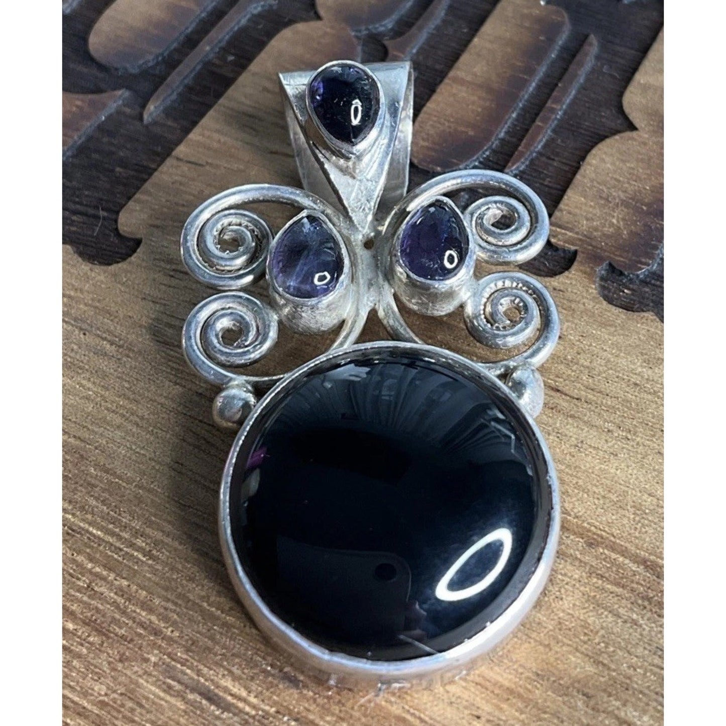 Vintage Sterling Silver Onyx & Amethyst Pendant Artisan Scroll Design