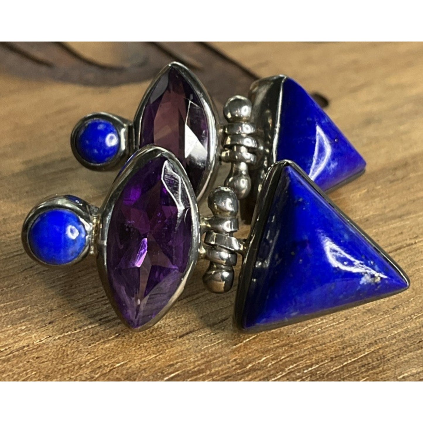 Vintage Sterling Silver Amethyst And Lapis Lazuli Modernist Dangle Drop Earrings
