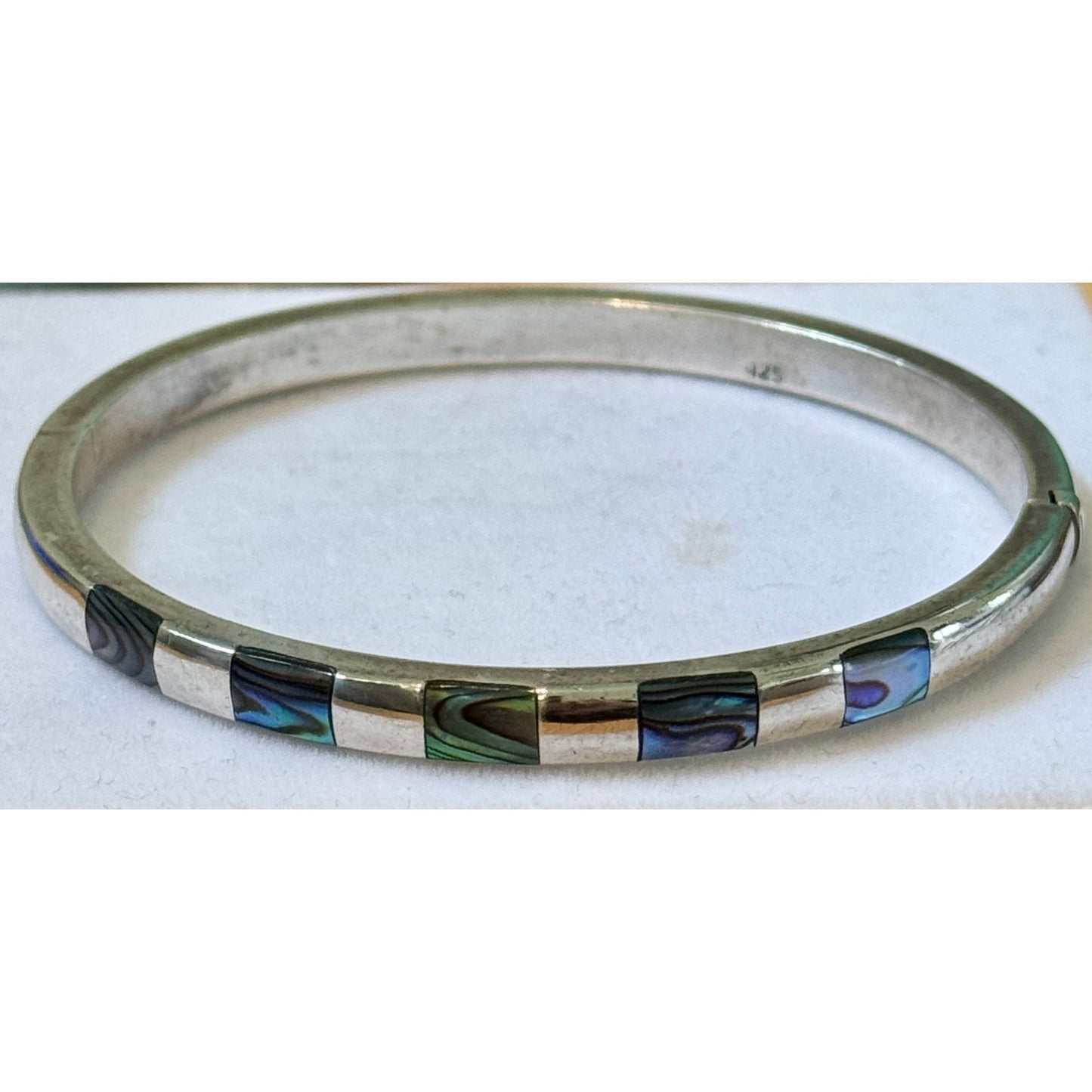 Vintage 925 Sterling Silver southwestern Abalone Inlay Hinged Bangle Bracelet