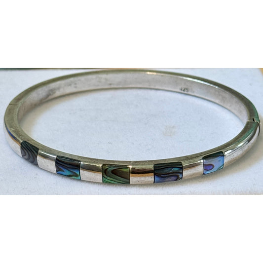 Vintage 925 Sterling Silver southwestern Abalone Inlay Hinged Bangle Bracelet