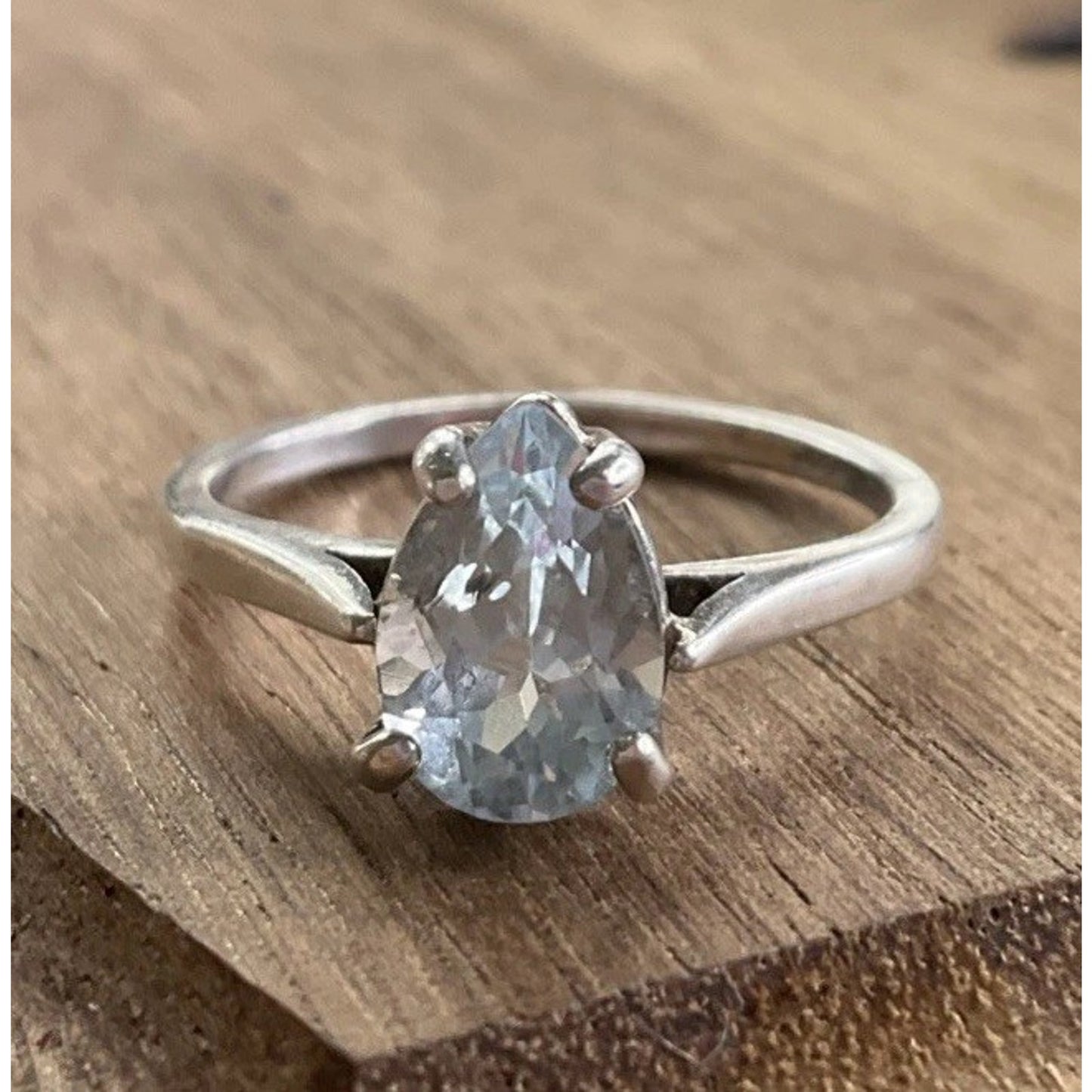 Minimalist Sterling Silver Blue Topaz Pear Shape Solitaire Ring 925 Size 6.5
