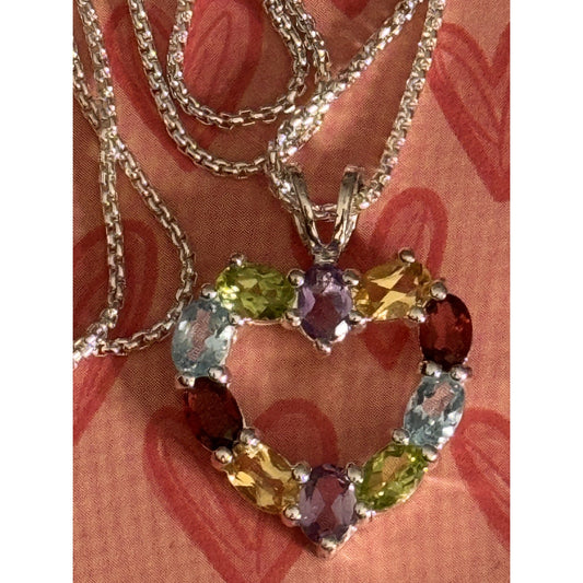 Vintage Sterling Silver Signed 925 HAN Gemstone Heart Pendant & Necklace circa 80s 90s