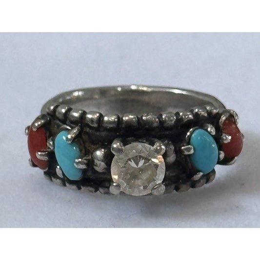 Vintage Carolyn Pollack Relios Sterling Silver Turquoise Coral CZ Ring Size 5.5