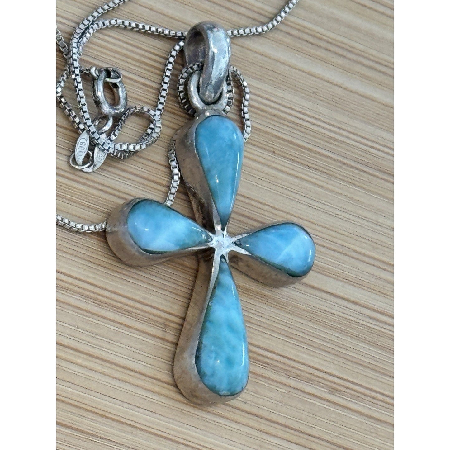 Vintage Larimar Sterling Silver 925 Cross Pendant Necklace 18” Southwestern