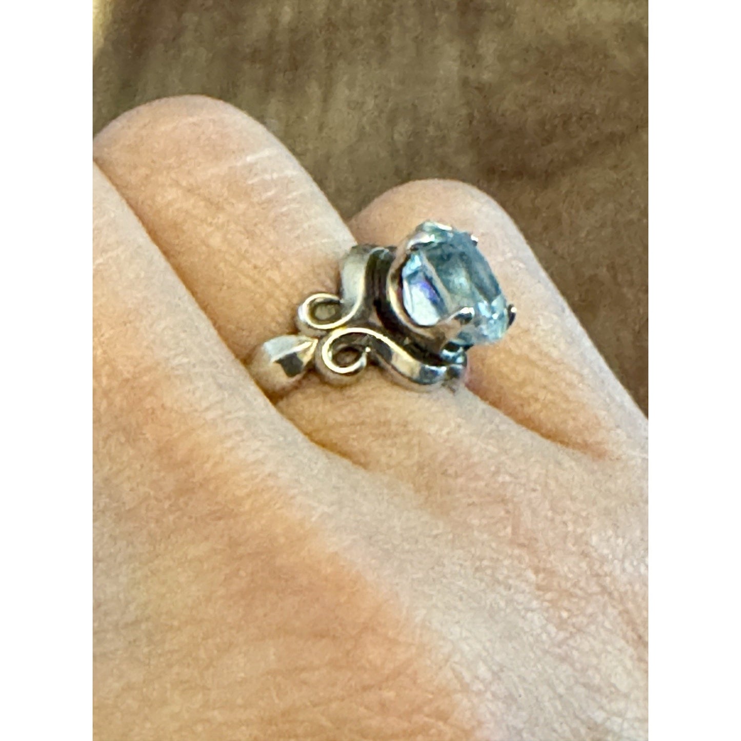 Vintage Kabana Sterling Silver Blue Topaz Scroll Ring Size 7.5 Signed KBN STER
