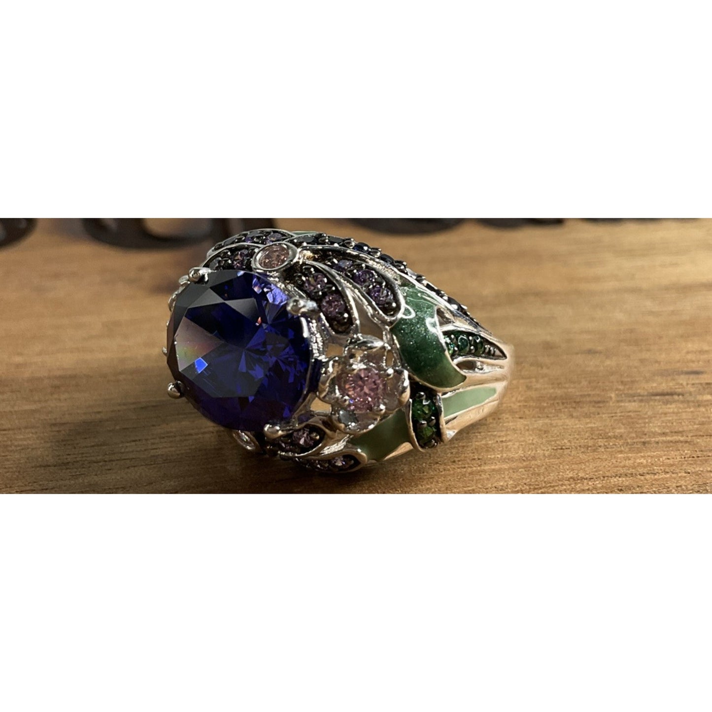 Sterling Silver 925 Blue CZ Cocktail Ring Ornate Enamel Statement Ring Size 6.5
