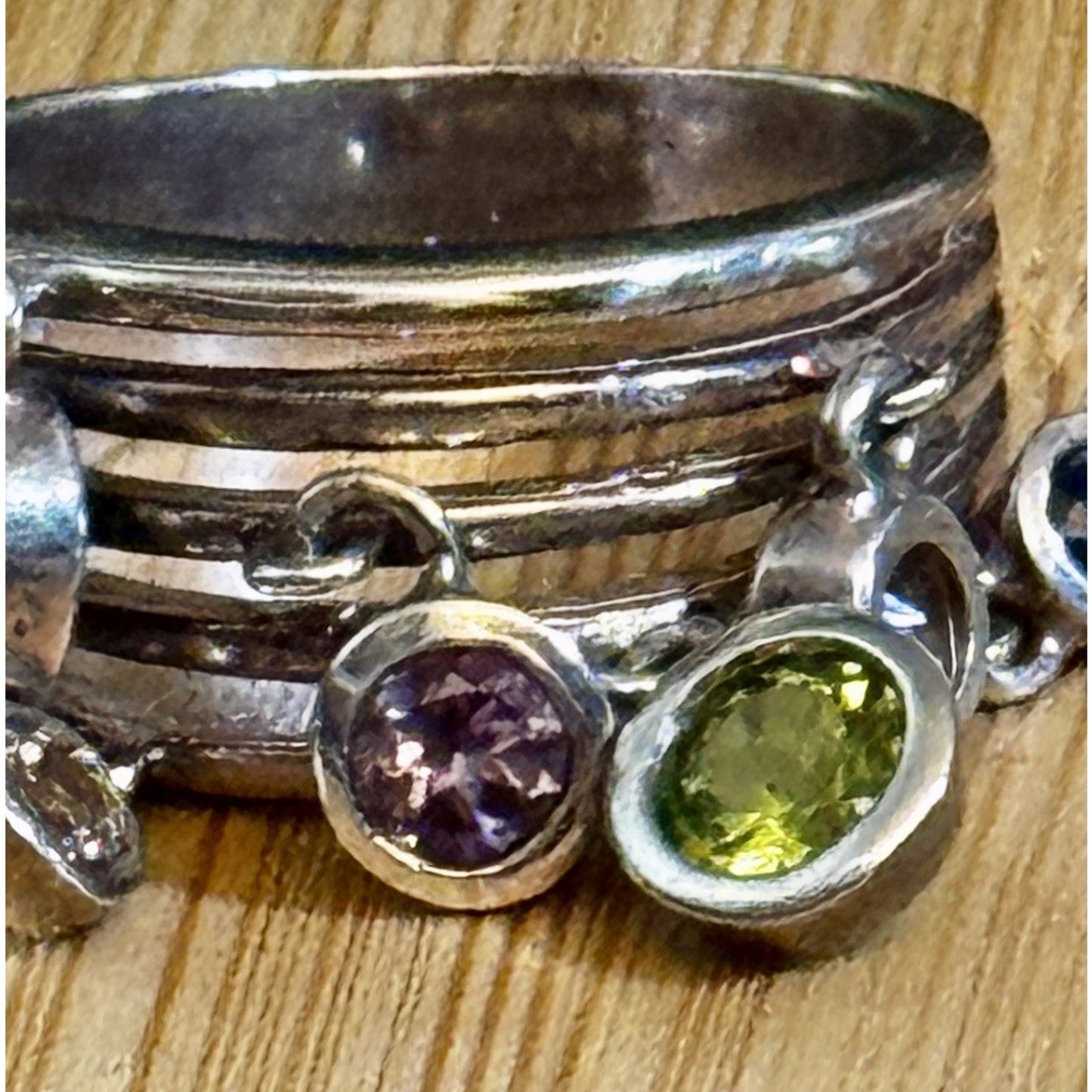 Vintage 90s Thai Sterling Silver Gemstone Dangle Ring Sz 8 Peridot Topaz Citrine