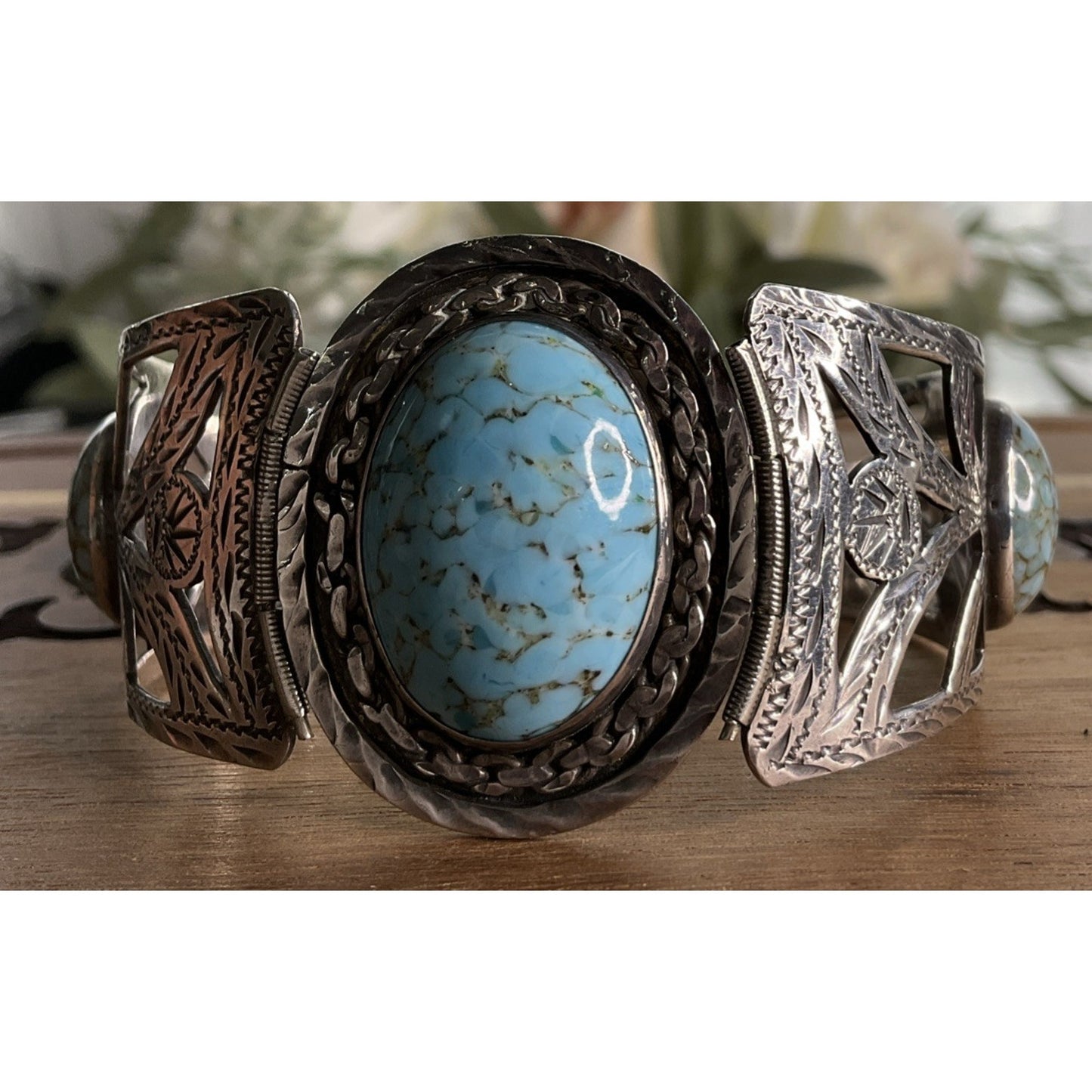 Vintage Taxco Mexico 925 Sterling Silver Turquoise Cuff Bracelet 38g