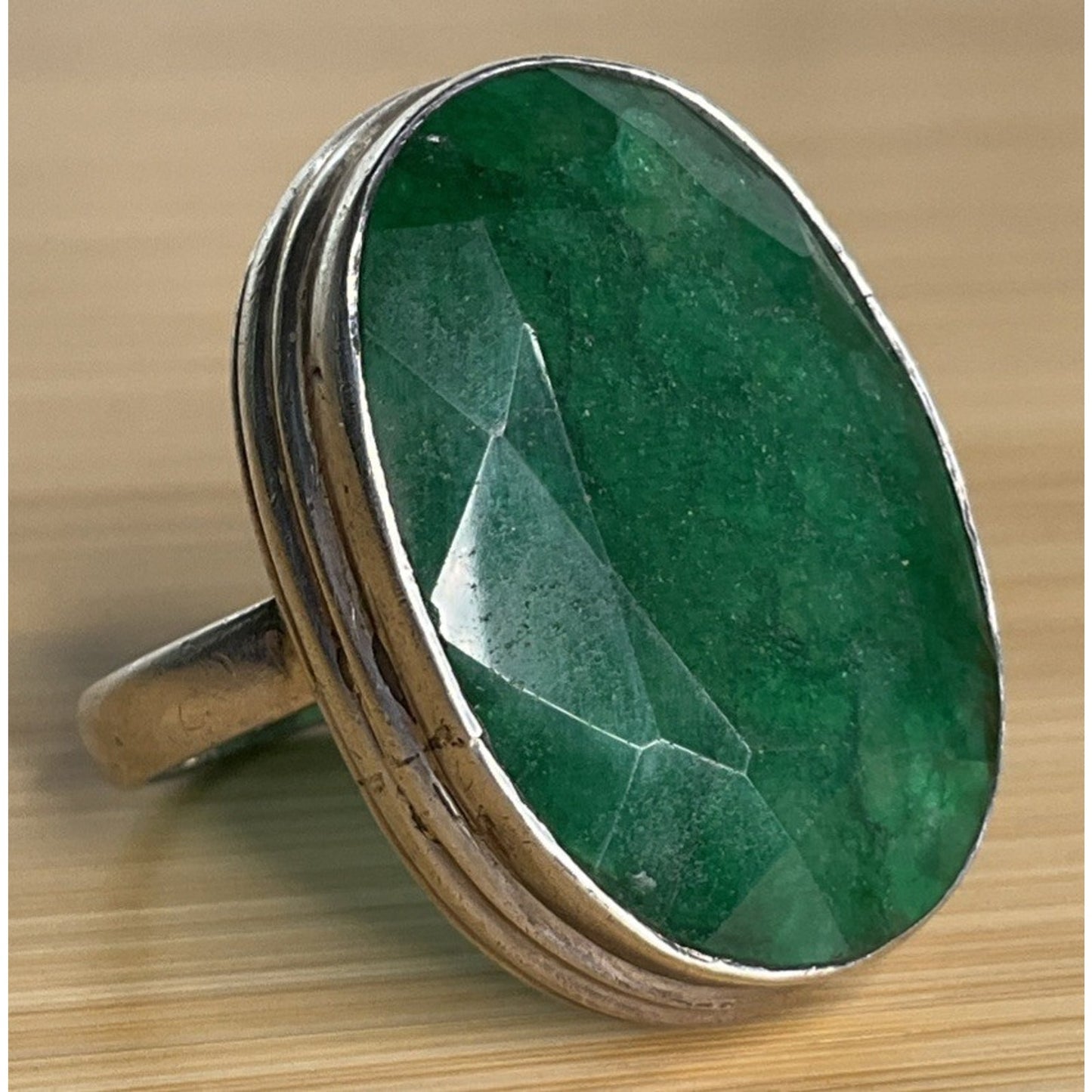 Vintage Large Green Gemstone Sterling Silver Statement Dramatic Ring Size 8